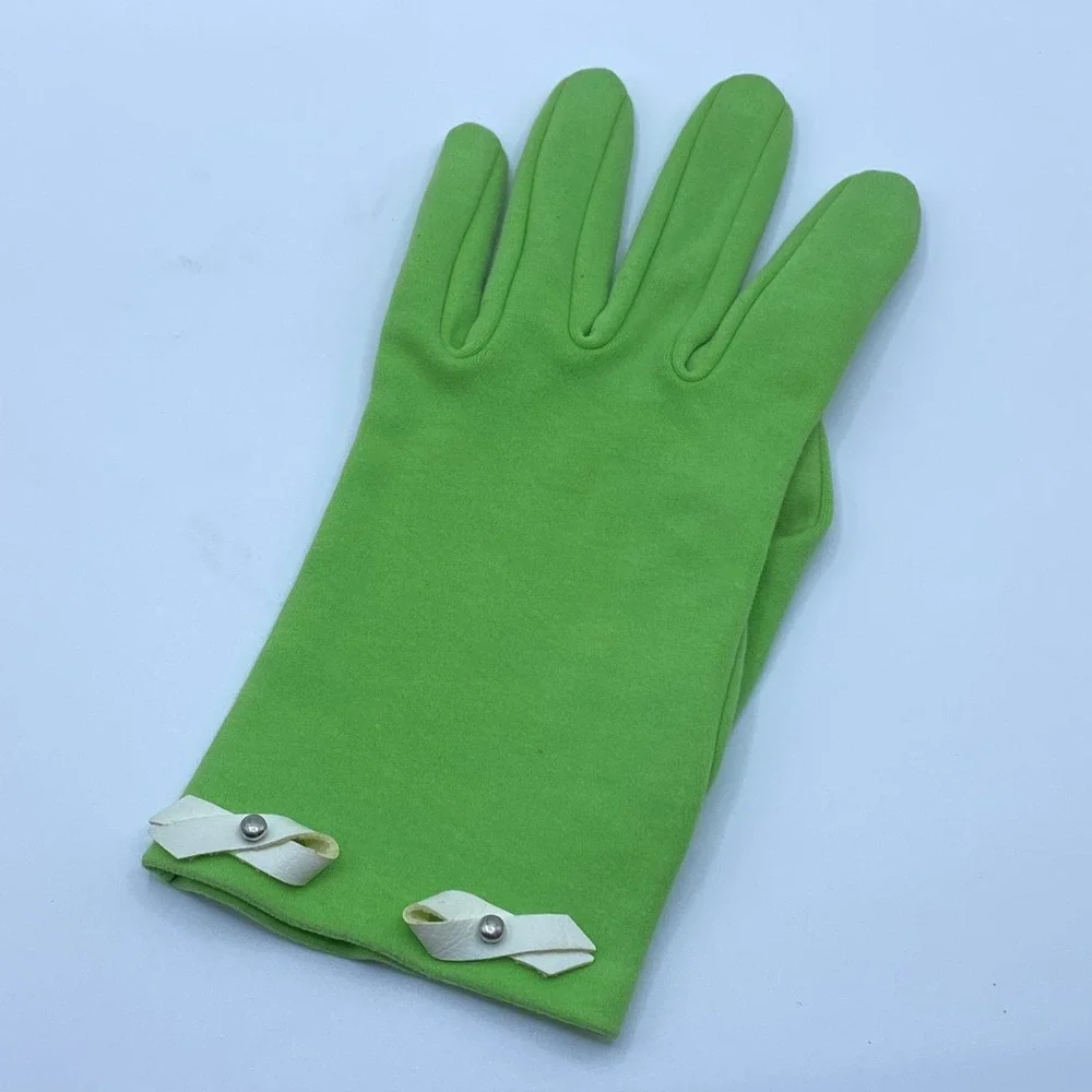 True Vintage 60s Mod Green Suede Gloves White Leather Bow Stud Detail Coquette